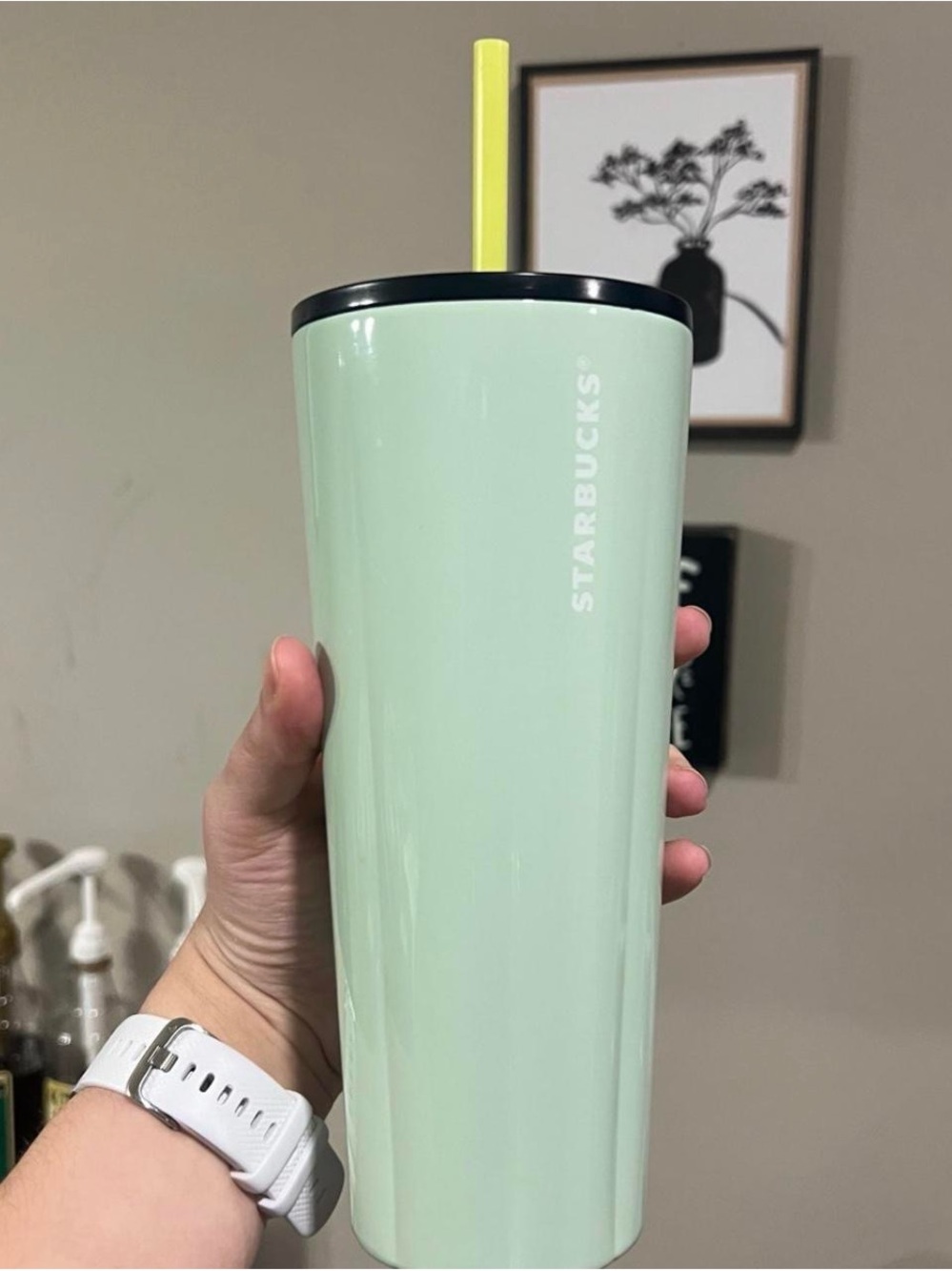 Starbucks Mint Green Tumbler with Yellow Straw and Black Lid